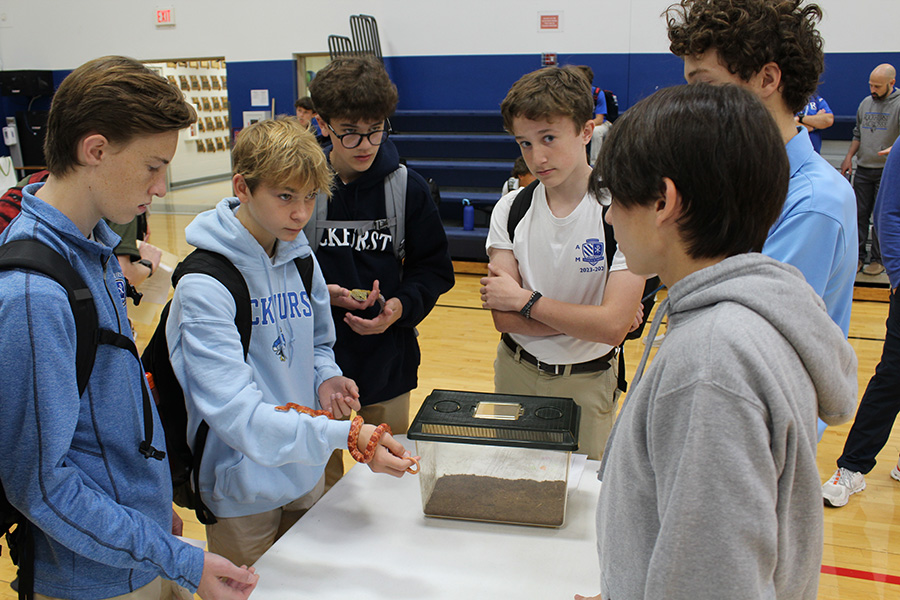 (Left to right) ??, Declan Griggs, Drew Beck, Griffin Swoboda and Jacob Carpenter talk with sophomore Robby Evangelidis (gray hoodie) about the Conservation Club during the Freshman Club Fair on Sept. 21, 2023. You can see Griggs and Beck holding a pair of the reptiles members of the Conservation Club are responsible for taking care of.
