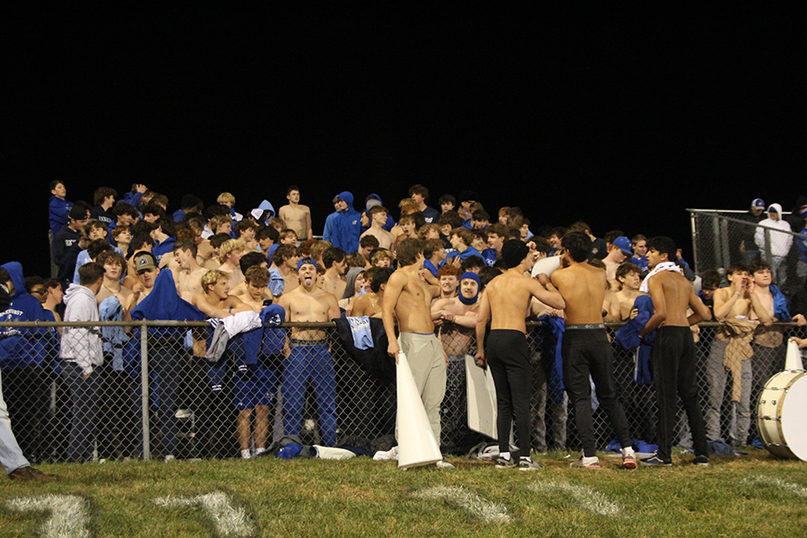 The Rockhurst student section watches as the district championship game versus Lees Summit North winds down on Nov. 10, 2023. They would have a lot to cheer about as the Hawklets won their first district title since 2018 by beating the Broncos 24-21.