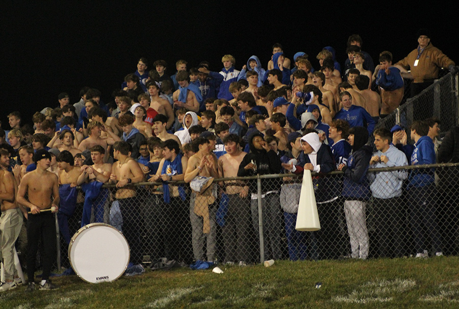 The Rockhurst student section watches as the district championship game versus Lees Summit North winds down on Nov. 10, 2023. They would have a lot to cheer about as the Hawklets won their first district title since 2018 by beating the Broncos 24-21.