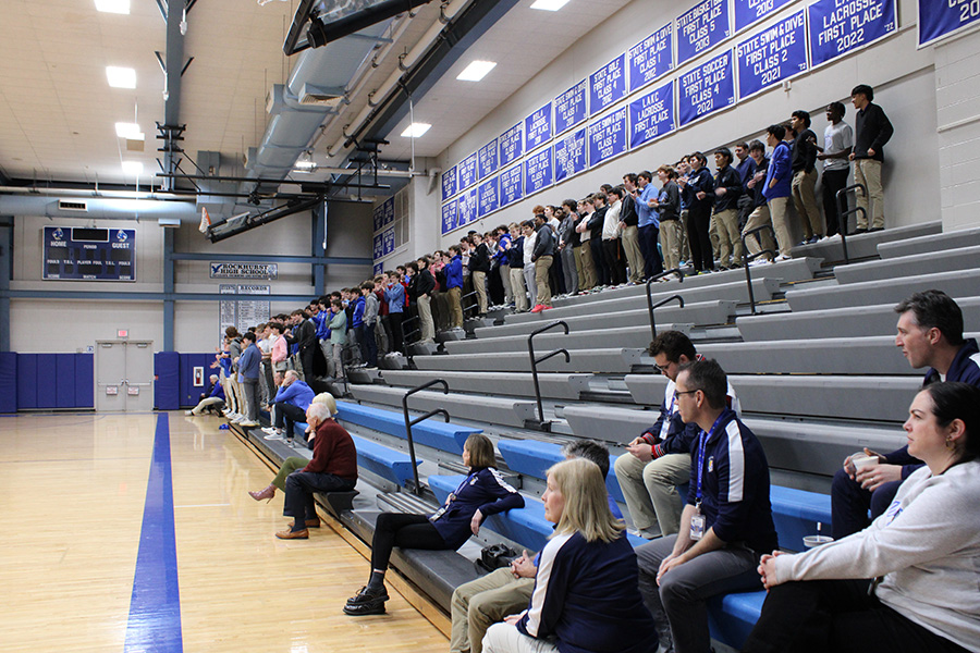 The senior section of the bleachers sit empty during the pep assembly on Jan. 26, 2024. The seniors spent the first three weeks of second semester on their Senior Service Projects away from Rockhurst.