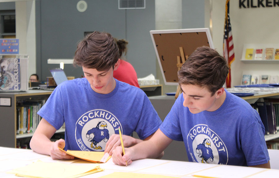 Sophomore Will Fanning and senior Jagger McCarroll work together to tabulate results during the 9th Annual Don Ramsey Invitational on Nov. 10, 2023. It was the largest year for the event, with 31 schools from around the state of Missouri participating and more than 550 entries in 15 different event categories.