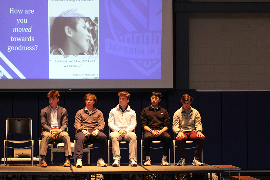 Class officers listen as Assistant Principal Chris Bosco explains the importance of Mission Week during the kickoff assembly on Feb. 23, 2024. Left to right: Senior class president Colin Komenda, junior class president Jack Creger, sophomore class president Brendan Ortballs, freshman class vice president Tyson Nguyen and SGA president Adam Kopulos.