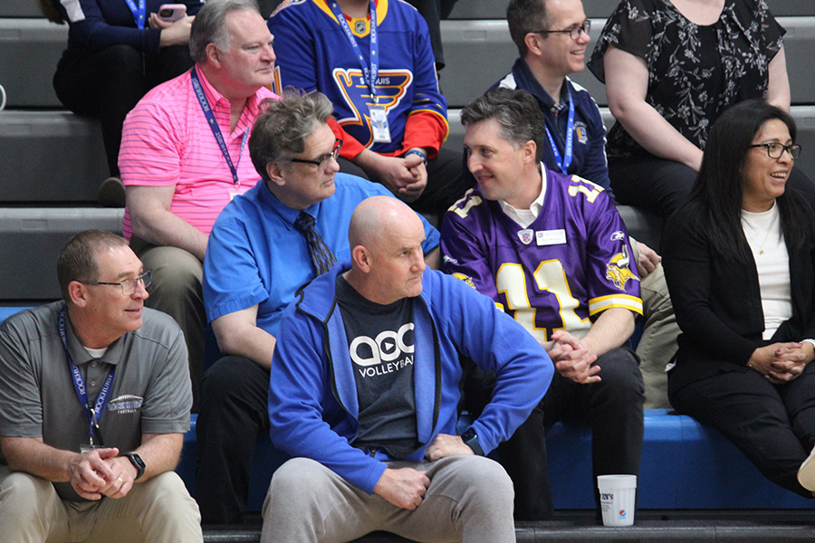 Faculty and staff members watch the action during the Faculty/Student Basketball Game on Feb. 27, 2024.