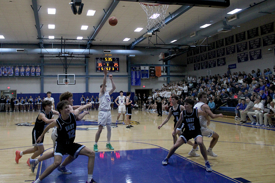 Senior forward Callen Eskew shoots a free throw during the third quarter of the rivalry game against Shawnee Mission East on Jan. 31, 2024. Eskew led the Hawklets in scoring with 16 as Rockhurst controlled the game against the Lancers and pulled away to win 68-52.