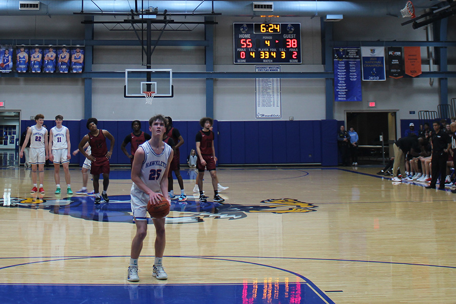 Senior George Effertz pauses before shooting a free throw during Rockhurst's game against Lee's Summit North on Dec. 16, 2024. Effertz led the way in the Hawklets' win, scoring 16 of the team's 73 points.