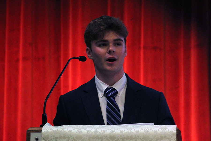 Brendan Ortbals giving his Leadership speech to the junior class on May 2, 2025. Brendan Ortbals had won the race for SGA president. 