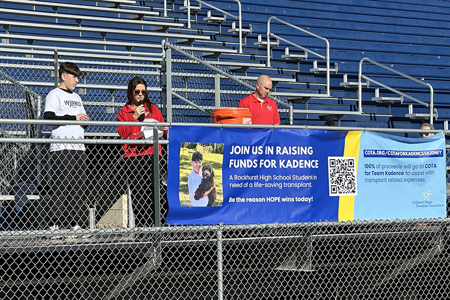 Nicole Lonergan introduces sophomore Kadence Hailey after the Walk-a-Thon held to benefit his family on Nov. 16, 2025.
