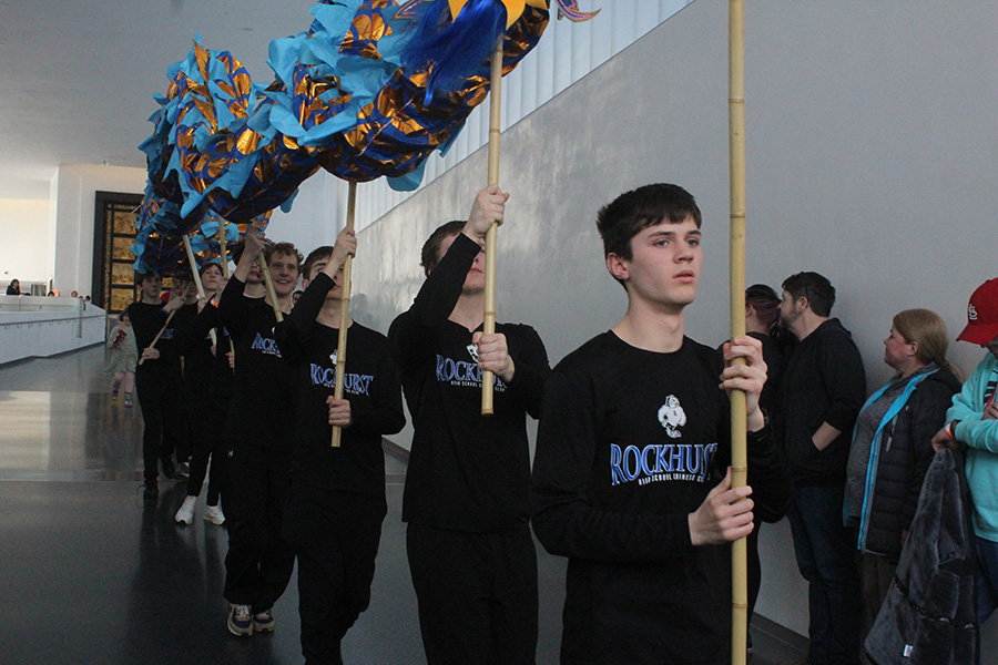 Freshman Ethan Wohletz prepares to lead the Rockhurst Dragon Squad during the Nelson-Atkins Museum of Art Lunar New Year celebration on Jan. 26, 2025.