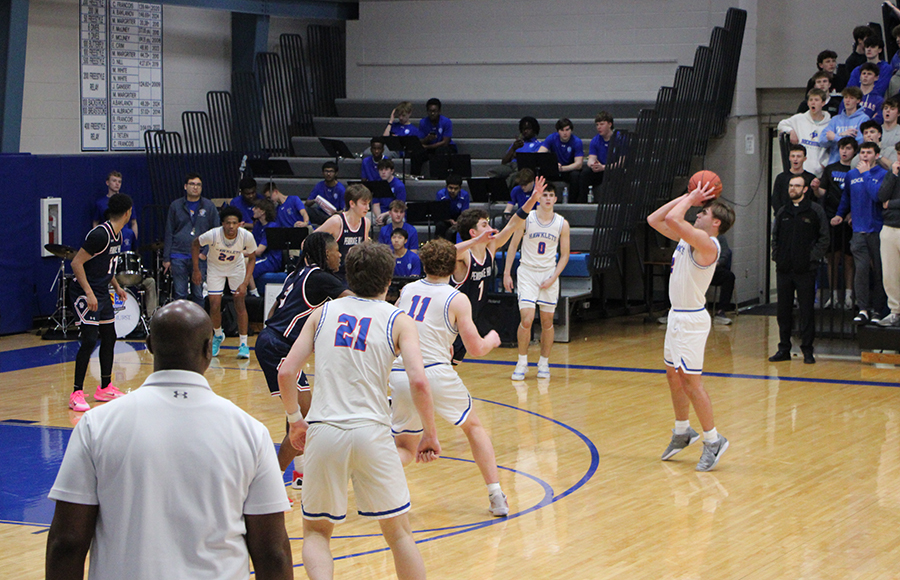 Senior Max Moylan rises to launch a 3-pointer during the second half of the game against Pembroke Hill on Feb. 10, 2026. Moylan missed this shot, but knocked down a pair of triples in the first half and scored eight points overall in the Hawklets' 59-44 win.